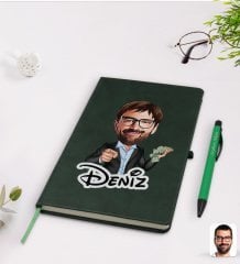 Kişiye Özel Erkek Milyoner Karikatürlü Yeşil Termo Deri Defter Kalem Seti Model 1