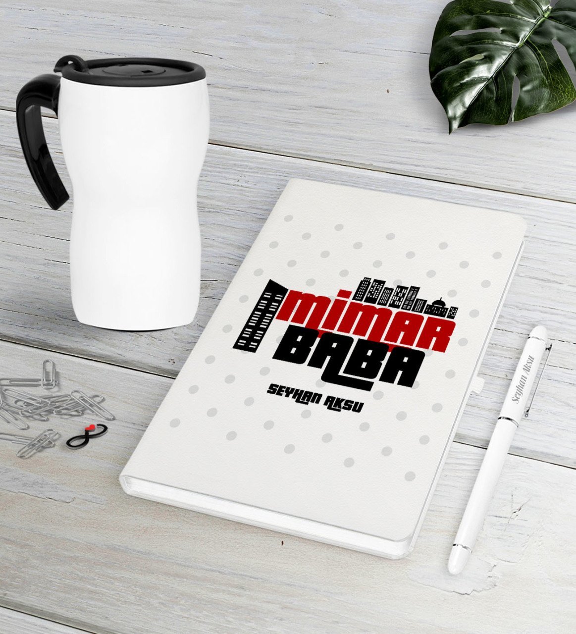 Kişiye Özel Mimar Baba Beyaz Defter Kalem Termos Mug Seti-1