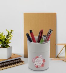 BK Gift Kişiye Özel Çiçek Tasarımlı Beyaz Akrilik Kalemlik - Model 2