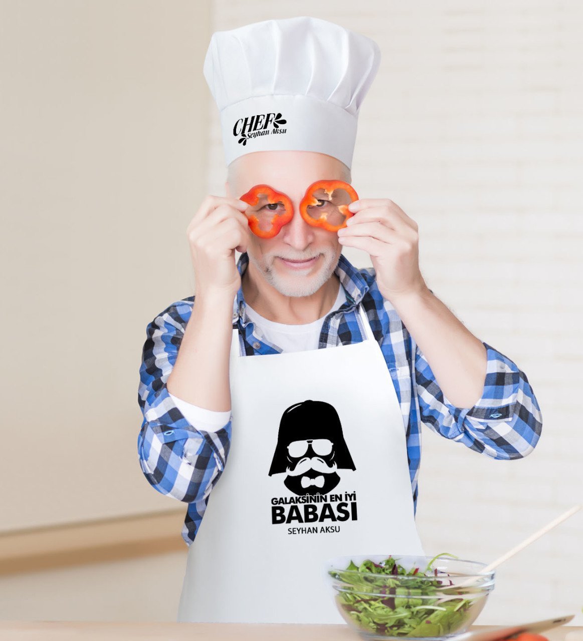 Kişiye Özel Galaksinin En İyi Babası Erkek Mutfak Önlüğü ve Aşçı Şapkası Seti-2