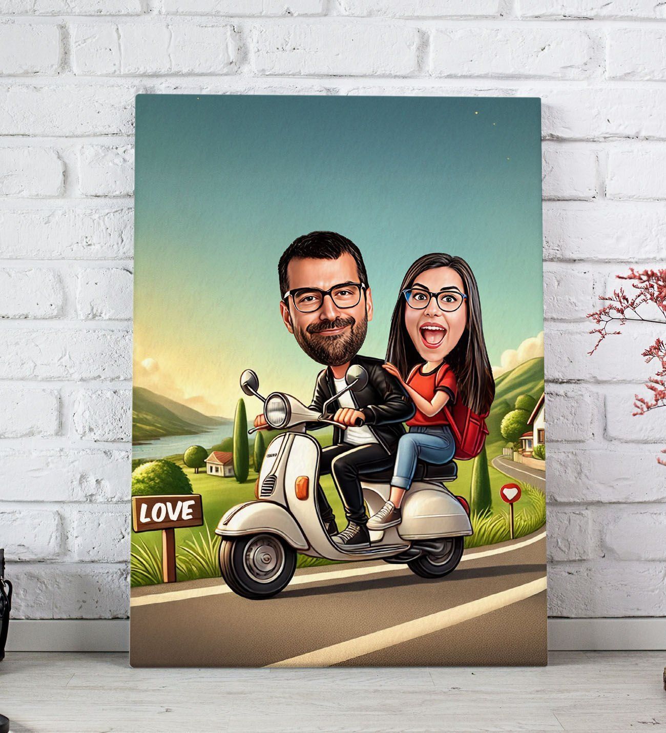 BK Gift Kişiye Özel Motorcu Çift Karikatürlü Kanvas Tablo-1 (20x30), Sevgiliye Hediye, Sevgililer Günü Hediyesi