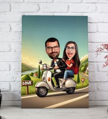 BK Gift Kişiye Özel Motorcu Çift Karikatürlü Kanvas Tablo-1 (20x30), Sevgiliye Hediye, Sevgililer Günü Hediyesi