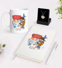 Kişiye Özel Resim Öğretmeni Beyaz Kupa Defter Kalem ve İsimli Papatya Kolye Hediye Seti-1