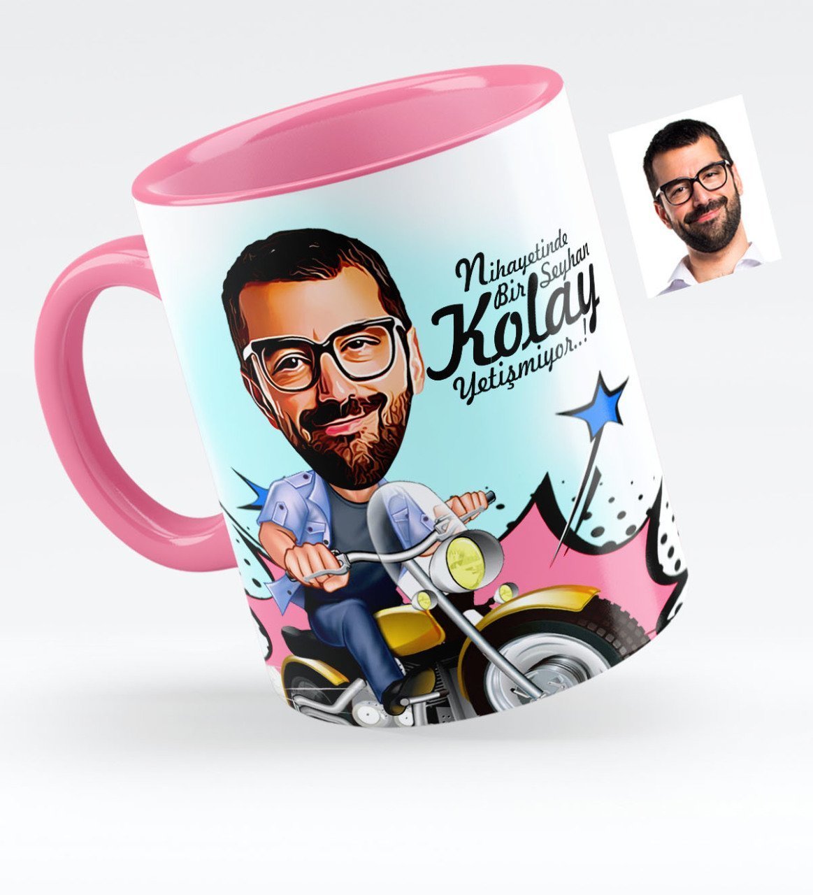 Kişiye Özel Bay Motorcu Karikatürlü Pembe Kupa Bardak - 1