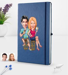 Kişiye Özel Sevgililer Karikatürlü Karikatürlü Lacivert Termo Deri Defter 16x24cm Model 51