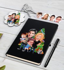 Kişiye Özel Yeni Yıl Aile Karikatürlü Siyah Defter Kalem ve Anahtarlık Hediye Seti-5