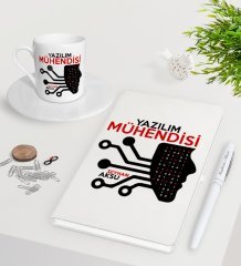 Kişiye Özel Yazılım Mühendisi Beyaz Defter Kalem Türk Kahvesi Fincanı Seti-2