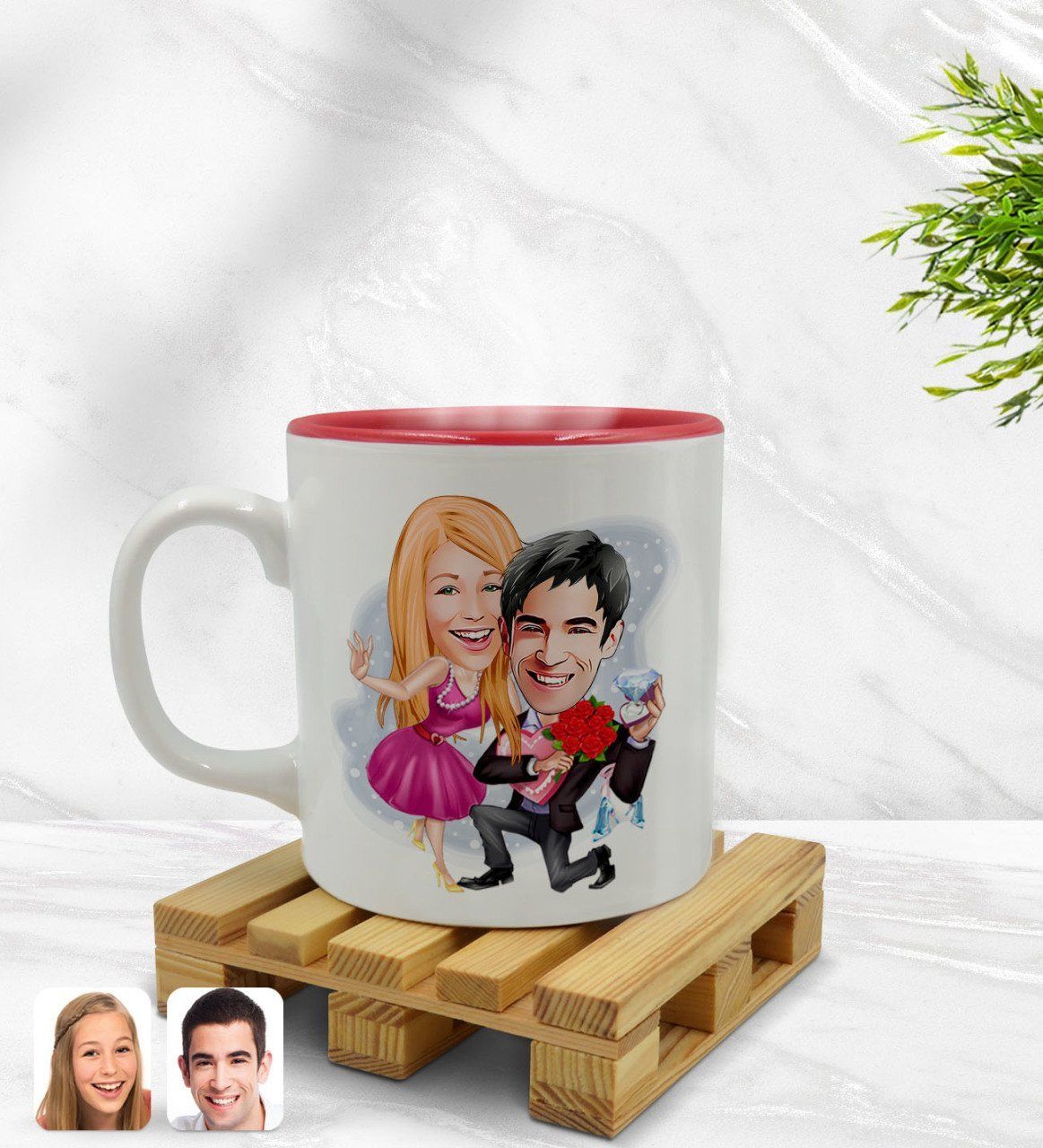 Kişiye Özel Sevgililer Karikatürlü İçi Kırmızı Renkli Kupa Bardak Model 9