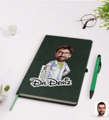 Kişiye Özel Erkek Göz Doktoru Karikatürlü Yeşil Termo Deri Defter Kalem Seti Model 1