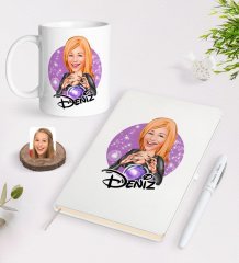 Kişiye Özel Kadın Astrolog Karikatürlü Beyaz Defter Kalem ve Kupa Seti-1