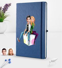 Kişiye Özel Sevgililer Karikatürlü Karikatürlü Lacivert Termo Deri Defter 16x24cm Model 35