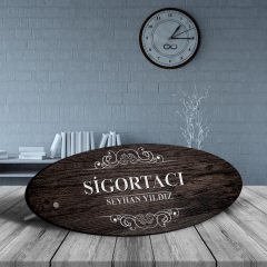 Kişiye Özel Mesleki Sigortacı Ahşap Oval Masa İsimliği - 3