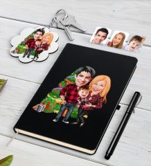Kişiye Özel Yeni Yıl Aile Karikatürlü Siyah Defter Kalem ve Anahtarlık Hediye Seti-4