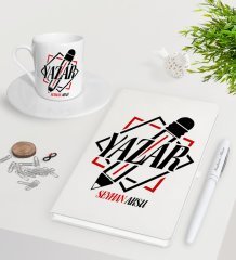 Kişiye Özel Yazar Beyaz Defter Kalem Türk Kahvesi Fincanı Seti-3