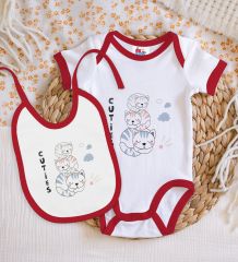 BK Kids Cuties Tasarımlı Kırmızı Bebek Body Zıbın ve Mama Önlüğü Hediye Seti-1