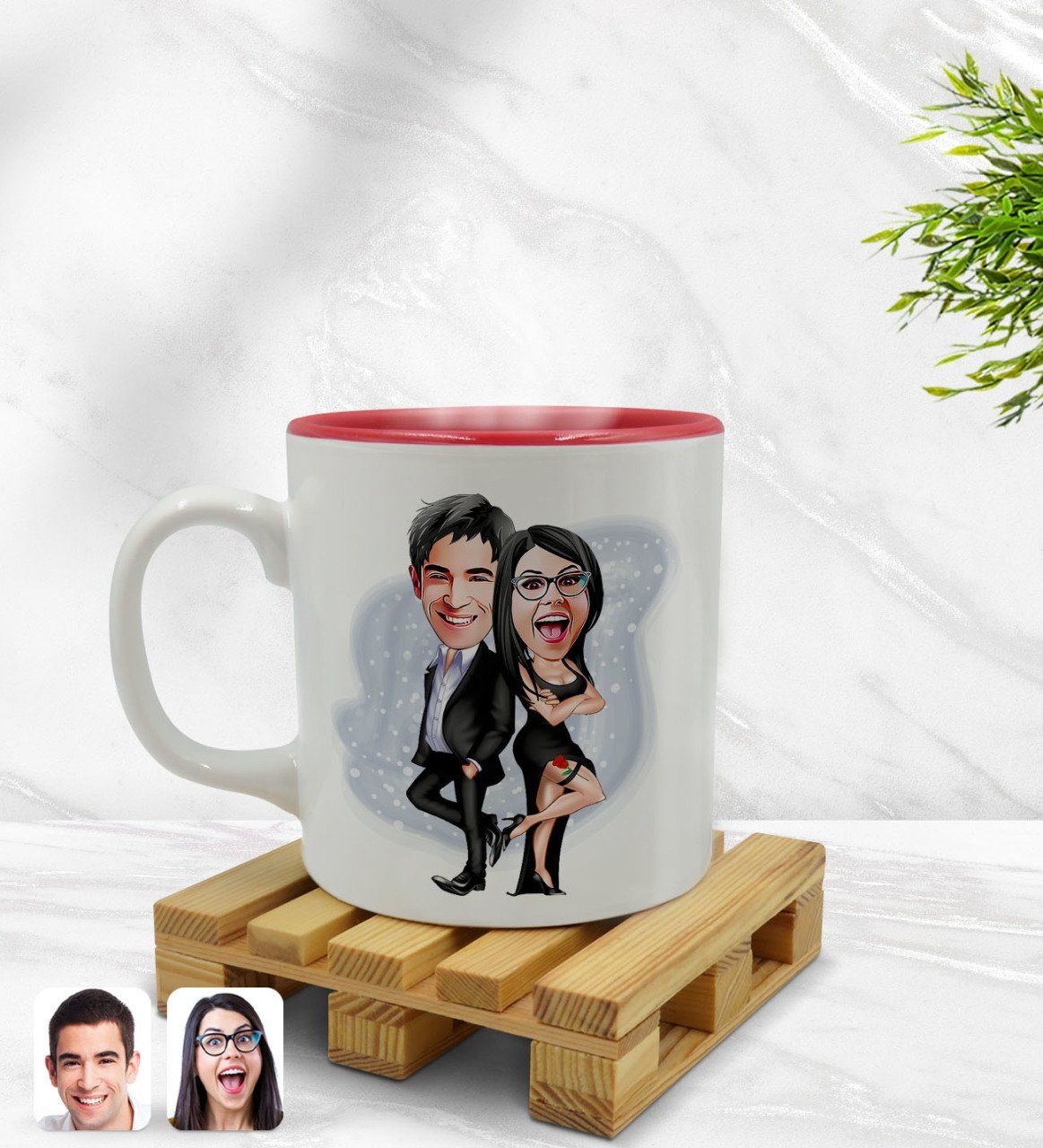Kişiye Özel Sevgililer Karikatürlü İçi Kırmızı Renkli Kupa Bardak Model 6