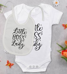 BK Kids Little Boss Lady Tasarımlı Bebek Body Zıbın ve Mama Önlüğü Hediye Seti - Model 1
