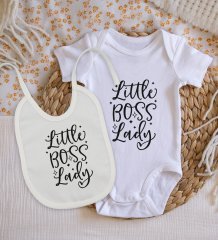 BK Kids Little Boss Lady Tasarımlı Bebek Body Zıbın ve Mama Önlüğü Hediye Seti - Model 1