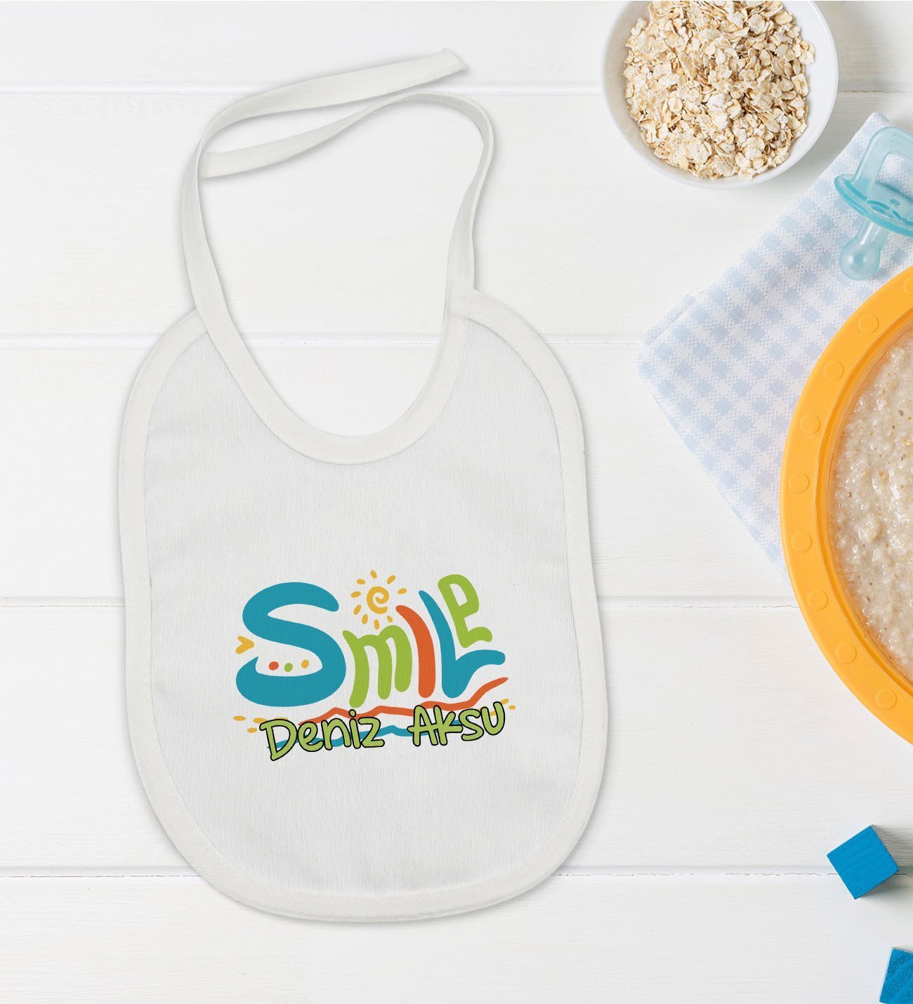 BK Kids Kişiye Özel Smile Tasarımlı Bebek Mama Önlüğü - Model 1