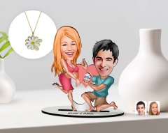 Kişiye Özel Sevgililer Karikatürlü 3D Ahşap Biblo ve Çift İsimli Papatya Kolye Seti-19