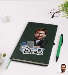 Kişiye Özel Erkek Genel Müdür Karikatürlü Yeşil Termo Deri Defter Kalem Seti Model 1