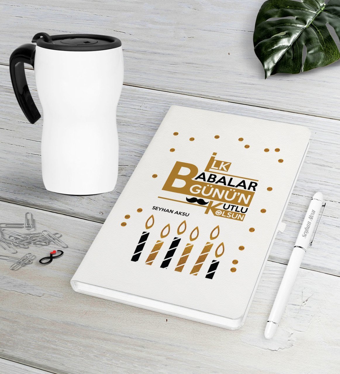 Kişiye Özel İlk Babalar Günün Kutlu Olsun Beyaz Defter Kalem Termos Mug Seti-5