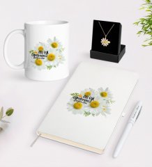 Kişiye Özel Papatya Temalı En İyi Öğretmen Beyaz Kupa Defter Kalem ve İsimli Papatya Kolye Hediye Seti-12