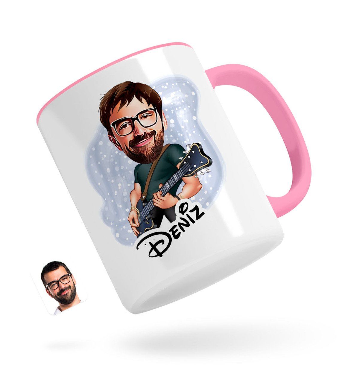 Kişiye Özel Erkek Gitarist Karikatürlü Pembe Kupa Bardak-1