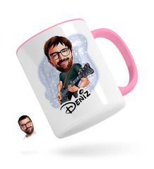 Kişiye Özel Erkek Gitarist Karikatürlü Pembe Kupa Bardak-1