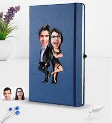 Kişiye Özel Sevgililer Karikatürlü Karikatürlü Lacivert Termo Deri Defter 16x24cm Model 6