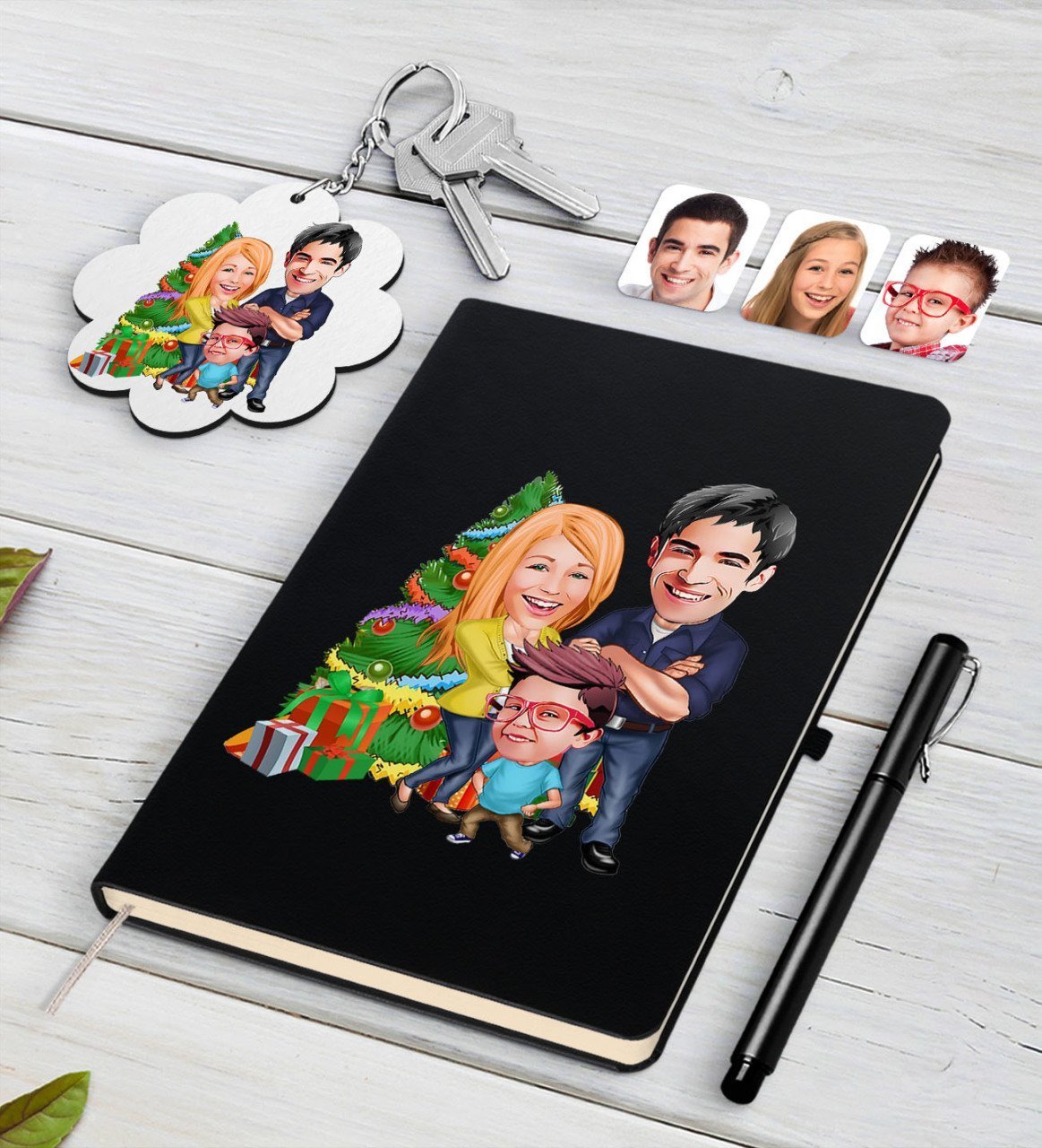 Kişiye Özel Yeni Yıl Aile Karikatürlü Siyah Defter Kalem ve Anahtarlık Hediye Seti-3