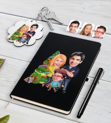 Kişiye Özel Yeni Yıl Aile Karikatürlü Siyah Defter Kalem ve Anahtarlık Hediye Seti-3