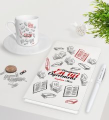 Kişiye Özel Dünyanın En İyi Öğretmeni Beyaz Defter Kalem Türk Kahvesi Fincanı Seti-7