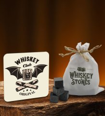 BK Gift Whiskey Tasarımlı Ahşap Bardak Altlığı ve 6’lı Granit Viski Taşı Hediye Seti - Model 5