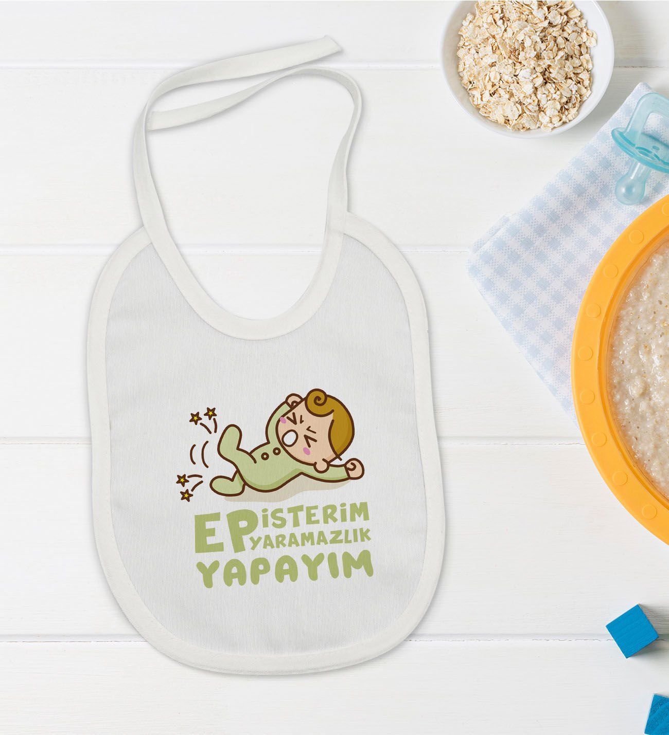 BK Kids Ep İsterim Tasarımlı Beyaz Bebek Mama Önlüğü-2