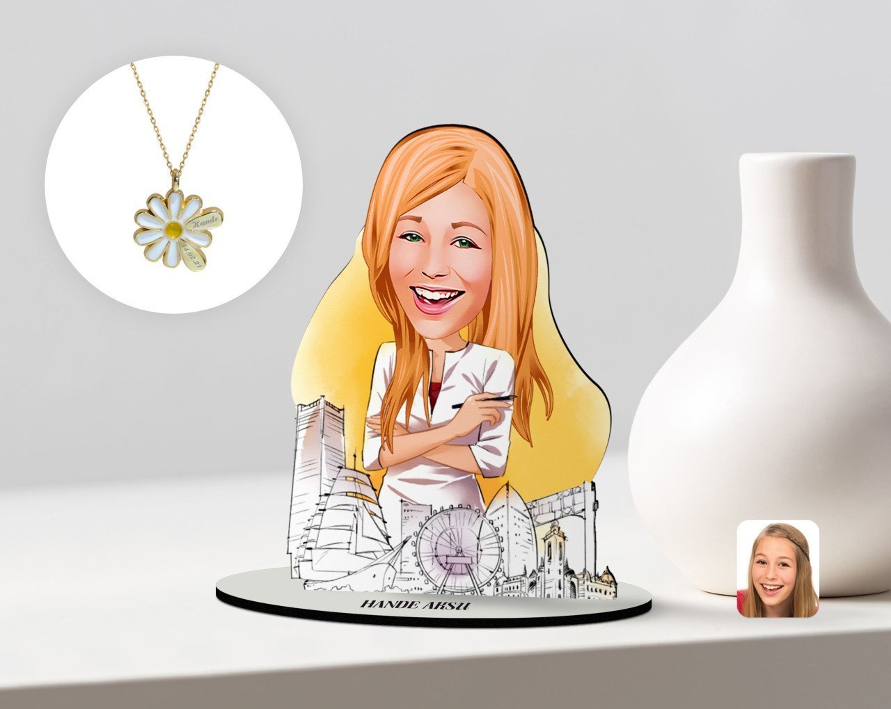 Kişiye Özel Kadın Mimar Karikatürlü 3D Ahşap Biblo ve İsimli Tarihli Papatya Kolye Seti-1