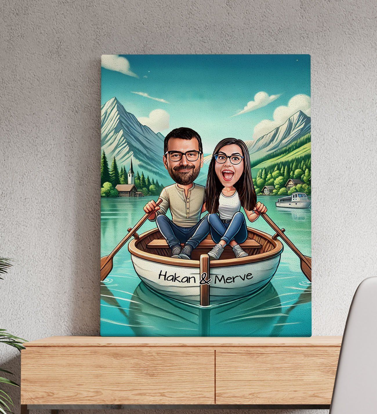 BK Gift Kişiye Özel Teknede Oturan Çift Karikatürlü Kanvas Tablo-1 (50x70), Sevgiliye Hediye, Sevgililer Günü Hediyesi