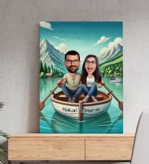 BK Gift Kişiye Özel Teknede Oturan Çift Karikatürlü Kanvas Tablo-1 (50x70), Sevgiliye Hediye, Sevgililer Günü Hediyesi