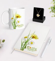 Kişiye Özel Papatya Temalı En İyi Öğretmen Beyaz Kupa Defter Kalem ve İsimli Papatya Kolye Hediye Seti-11