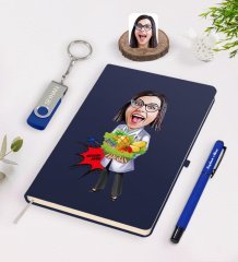 Kişiye Özel Kadın Diyetisyen Karikatürlü Lacivert Defter Kalem 32gb USB Bellek Hediye Seti-1