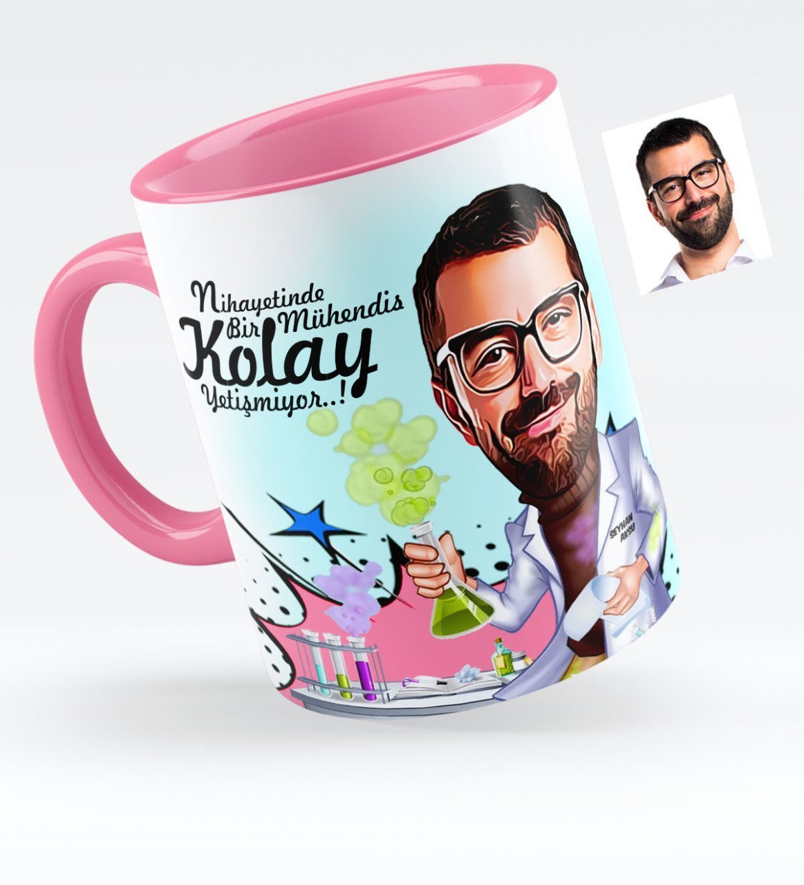 Kişiye Özel Bay Kimya Mühendisi Karikatürlü Pembe Kupa Bardak - 1