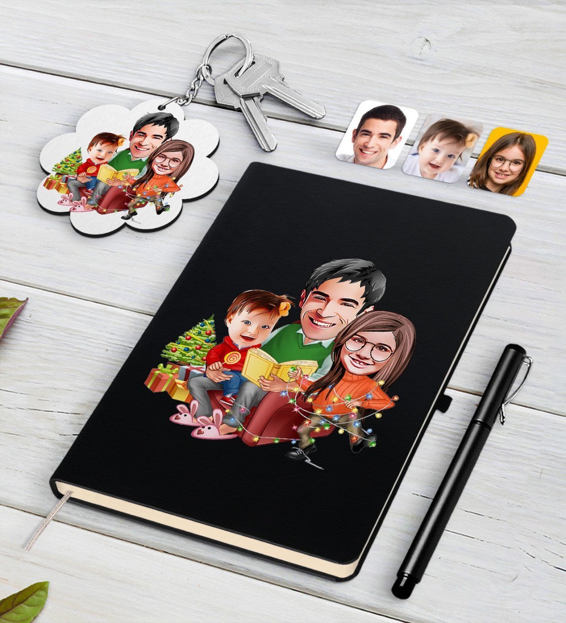 Kişiye Özel Yeni Yıl Aile Karikatürlü Siyah Defter Kalem ve Anahtarlık Hediye Seti-2