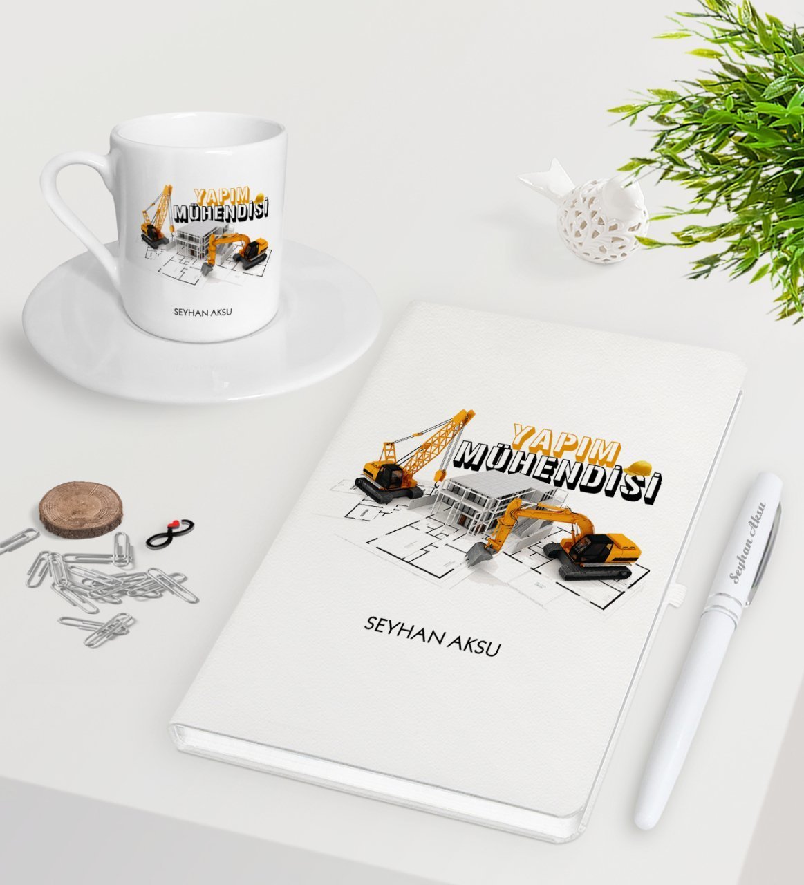Kişiye Özel Yapım Mühendisi Beyaz Defter Kalem Türk Kahvesi Fincanı Seti-1