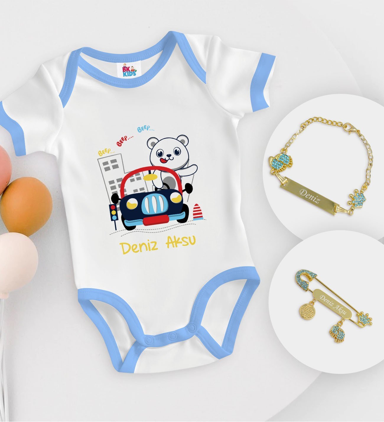 BK Kids Kişiye Özel Sevimli Sürücü Tasarımlı Mavi Bebek Body Zıbın Erkek Bebek Künyesi ve İğnesi Hediye Seti-1