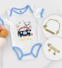 BK Kids Kişiye Özel Sevimli Sürücü Tasarımlı Mavi Bebek Body Zıbın Erkek Bebek Künyesi ve İğnesi Hediye Seti-1