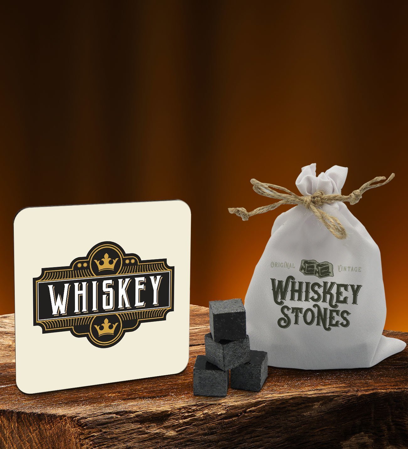 BK Gift Whiskey Tasarımlı Ahşap Bardak Altlığı ve 6’lı Granit Viski Taşı Hediye Seti - Model 4