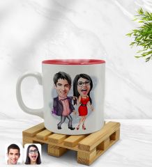 Kişiye Özel Sevgililer Karikatürlü İçi Kırmızı Renkli Kupa Bardak Model 4