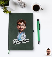 Kişiye Özel Erkek Doktor Karikatürlü Yeşil Termo Deri Defter Kalem Seti Model 8