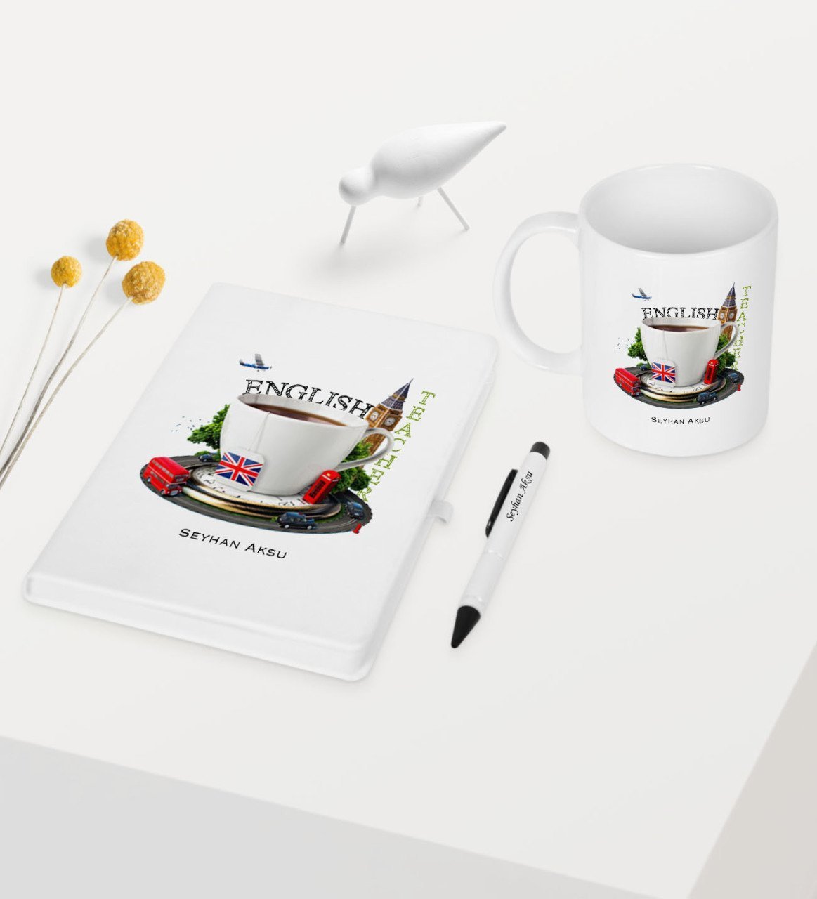 Kişiye Özel İngilizce Öğretmeni Temalı Beyaz Defter Kalem Kupa Seti - 8