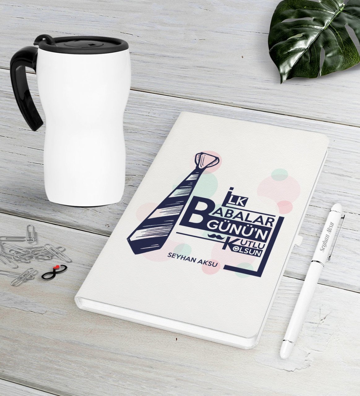 Kişiye Özel İlk Babalar Günün Kutlu Olsun Beyaz Defter Kalem Termos Mug Seti-3